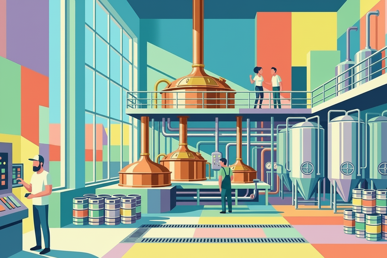 Colorful illustration of a modern brewery interior with copper tanks and equipment.